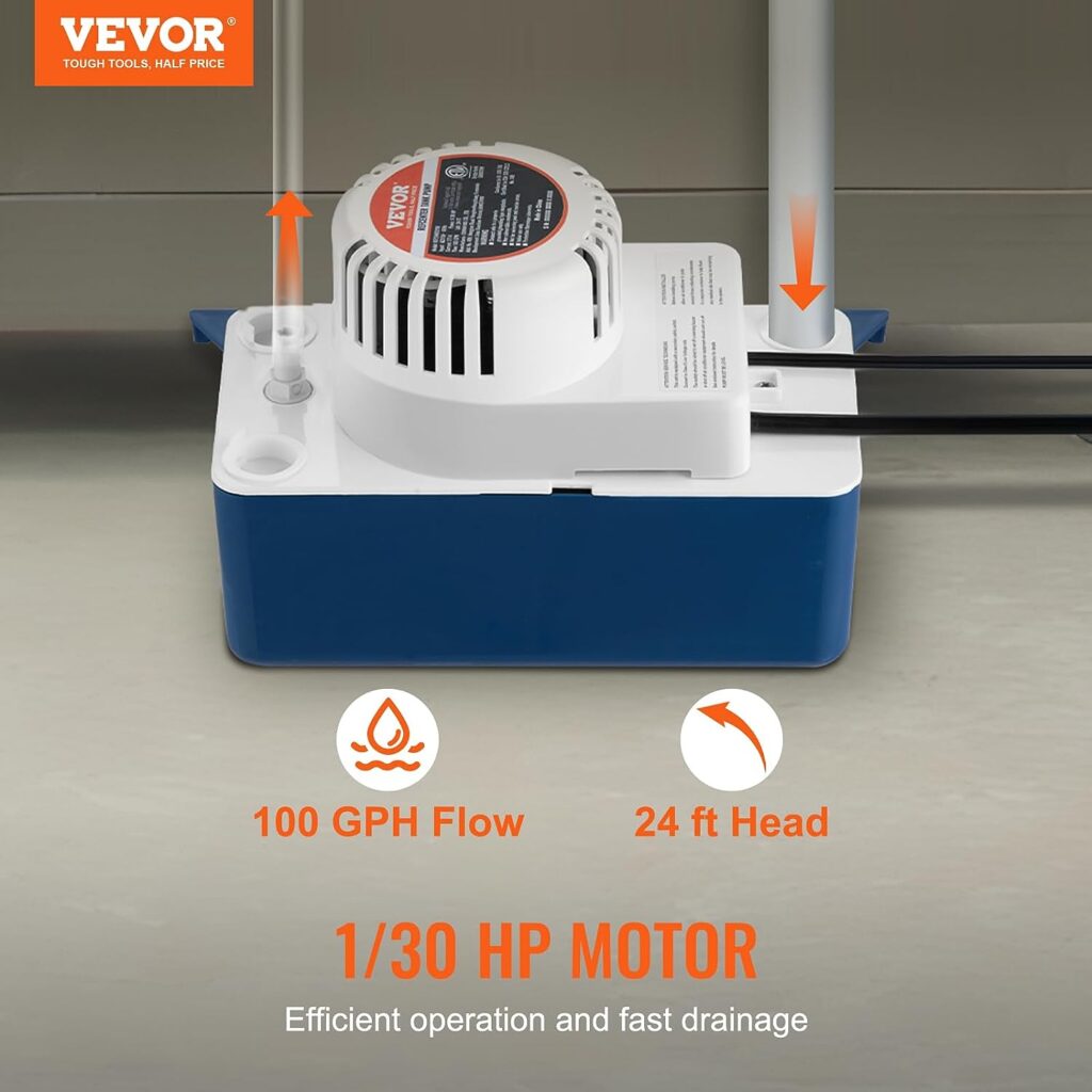 VEVOR Condensate Removal Pump, 1/30 HP, 100 GPH, 24 ft Lift, 115V Automatic AC Condensation Pump with Safety Switch  20 Tubing for Air Conditioner, Dehumidifier, HVAC, Furnace, Ice Maker Water Drain