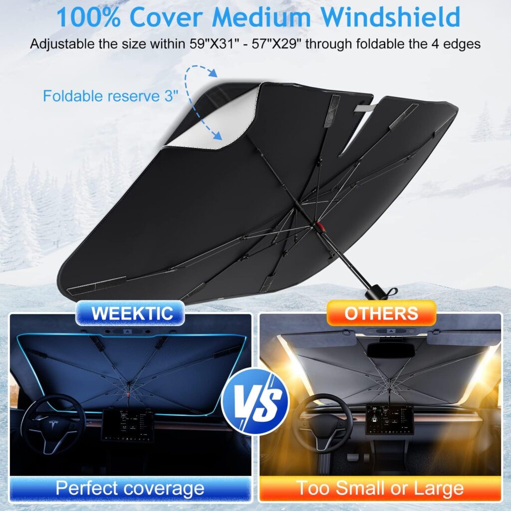 Weektic Windshield Sun Shade Car, [2023 Newest] [Upgraded UPF50+ Crystal Nano Reflector Patent] Protect Car from Sun Ray Damage, Umbrella Sun Shade for Car SUV Truck - Keep Car Cool  Comfy(59x31)