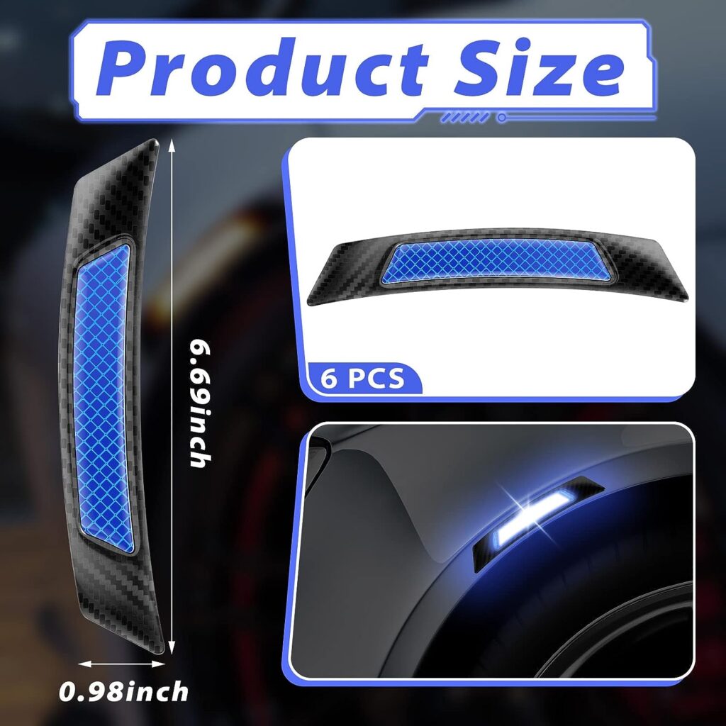 6 Pieces Car Reflective Trim Carbon Fiber Side Marker Stickers Automotive Exterior Accessories Door Reflector Guard for Car SUV Pickup Truck Wheel Well Arch or Side Bumper Fenders (Black and Blue)