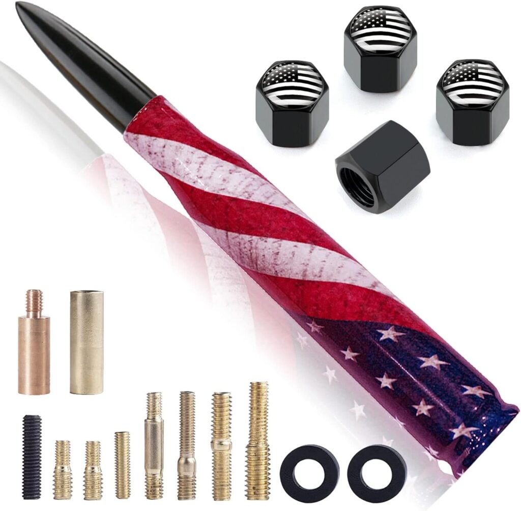 Car Truck Bullet Antenna with Valve Stem Caps American Flag Design for Ford F150, F Series, Chevy Silverado, GMC Sierra, Dodge RAM 1990-Current Universal Vehicle Short Mast Accessories, Black 5.5 in