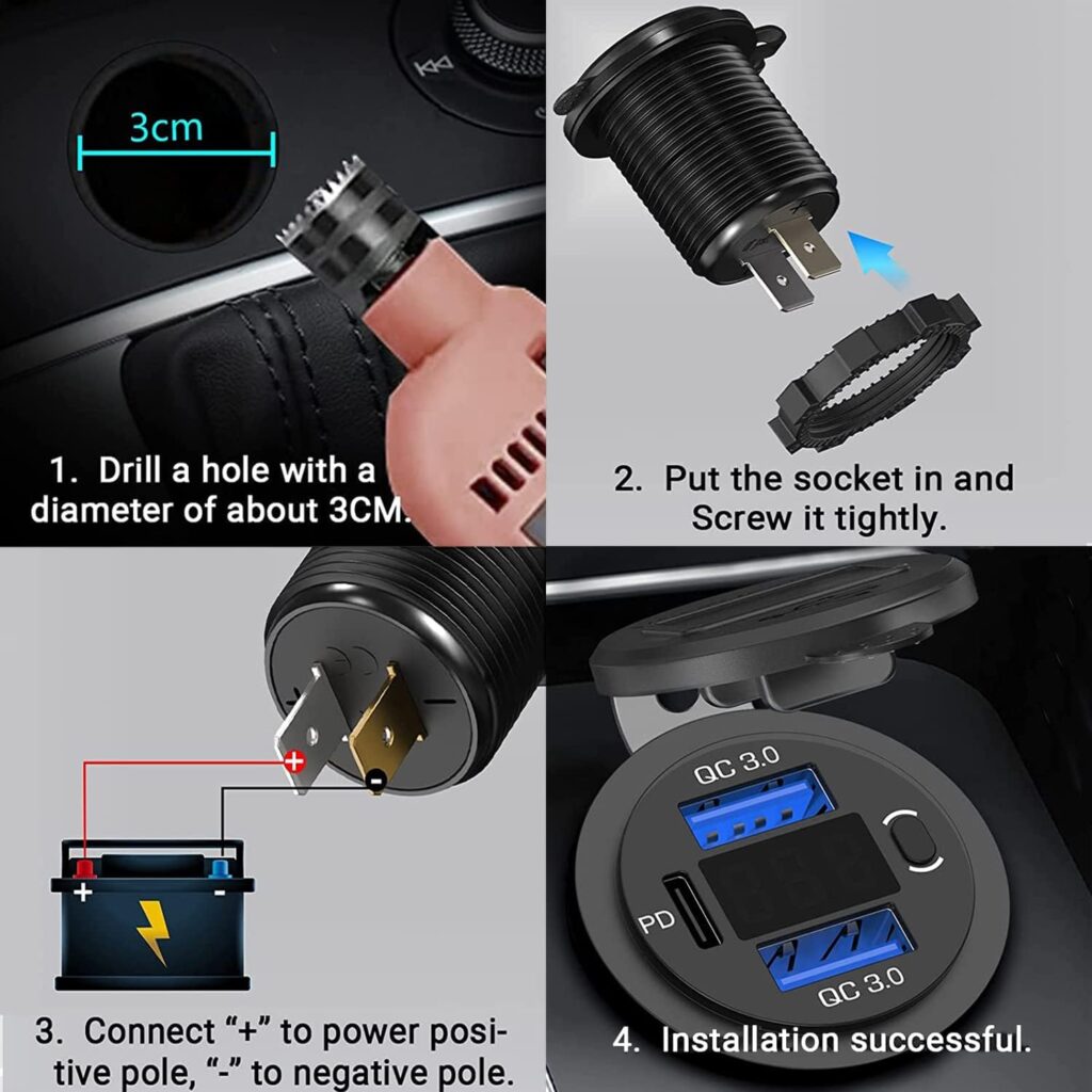 Cllena 12V USB Outlet Dual Quick Charge 3.0  PD USB C Three-Port USB Charger Socket with Voltmeter and Power Switch, Multi-Function Car USB Charger Adapter for Car Boat Marine RV Truck ATV Golf Cart