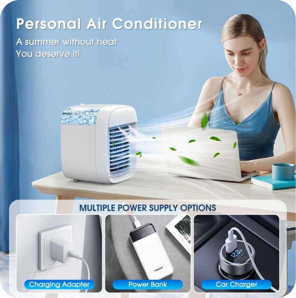 DOWILLDO Portable Air Conditioners, Mini Air Conditioner for Room with 880ML Water Tank, 3 Speeds Air Conditioner Fan with 7 Colors Night Light for Car, Kitchen, Home and Office