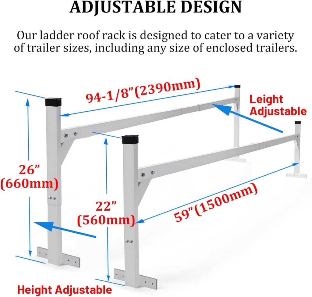 HECASA 4.9 to 7.8 Adjustable Aluminum Roof Ladder Rack Capacity 400 LBS Compatible with Open and Enclosed Trailers Cargo Vans Trucks Pickups Universal