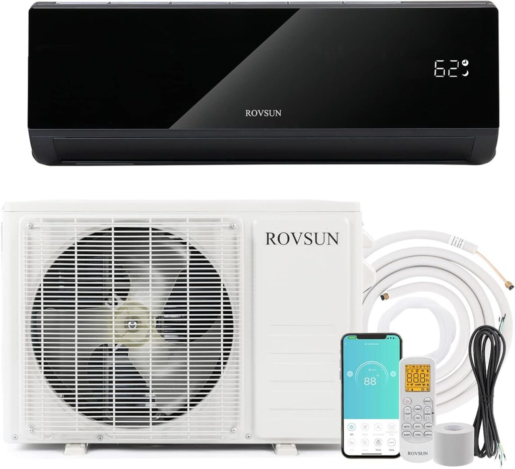 ROVSUN Wifi Enabled 9,000 BTU Mini Split AC/Heating System with Inverter, 19 SEER 115V Energy Saving Ductless Split-System Air Conditioner with Pre-Charged Condenser, Heat Pump  Installation Kit (Black Series)