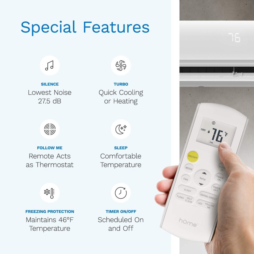 hOmeLabs Split Type Inverter Air Conditioner with Heat Function — 9,000 BTU 230V — Low Noise, Multimode Air Conditioning with a Washable Filter, Stealth LED Display, and Backlit Remote Control
