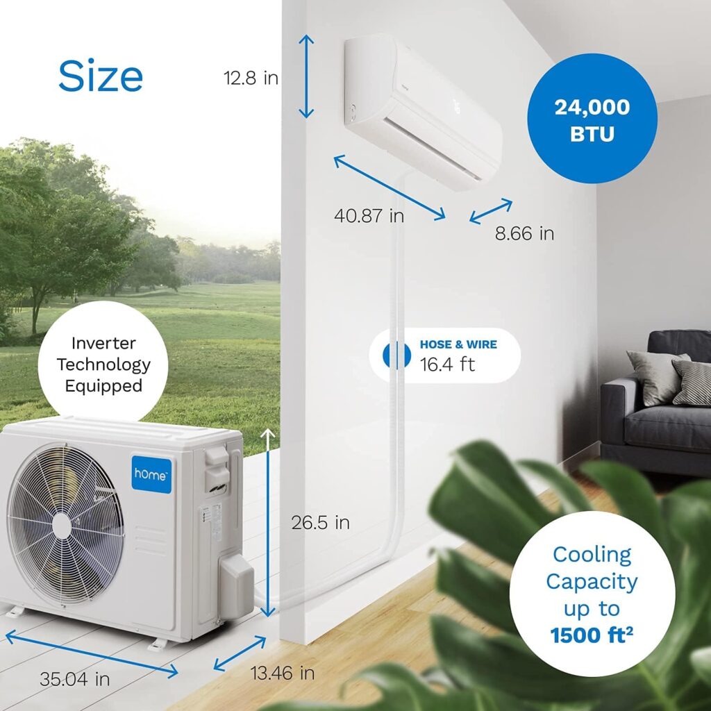 hOmeLabs Split Type Inverter Air Conditioner with Heat Function — 9,000 BTU 230V — Low Noise, Multimode Air Conditioning with a Washable Filter, Stealth LED Display, and Backlit Remote Control