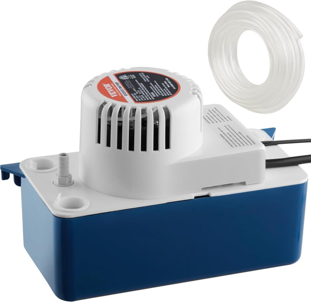 VEVOR Condensate Removal Pump, 1/50 HP, 65 GPH, 15 ft Lift, 115V Automatic AC Condensation Pump with Safety Switch  20 Tubing for Air Conditioner, Dehumidifier, HVAC, Furnace, Ice Maker Water Drain
