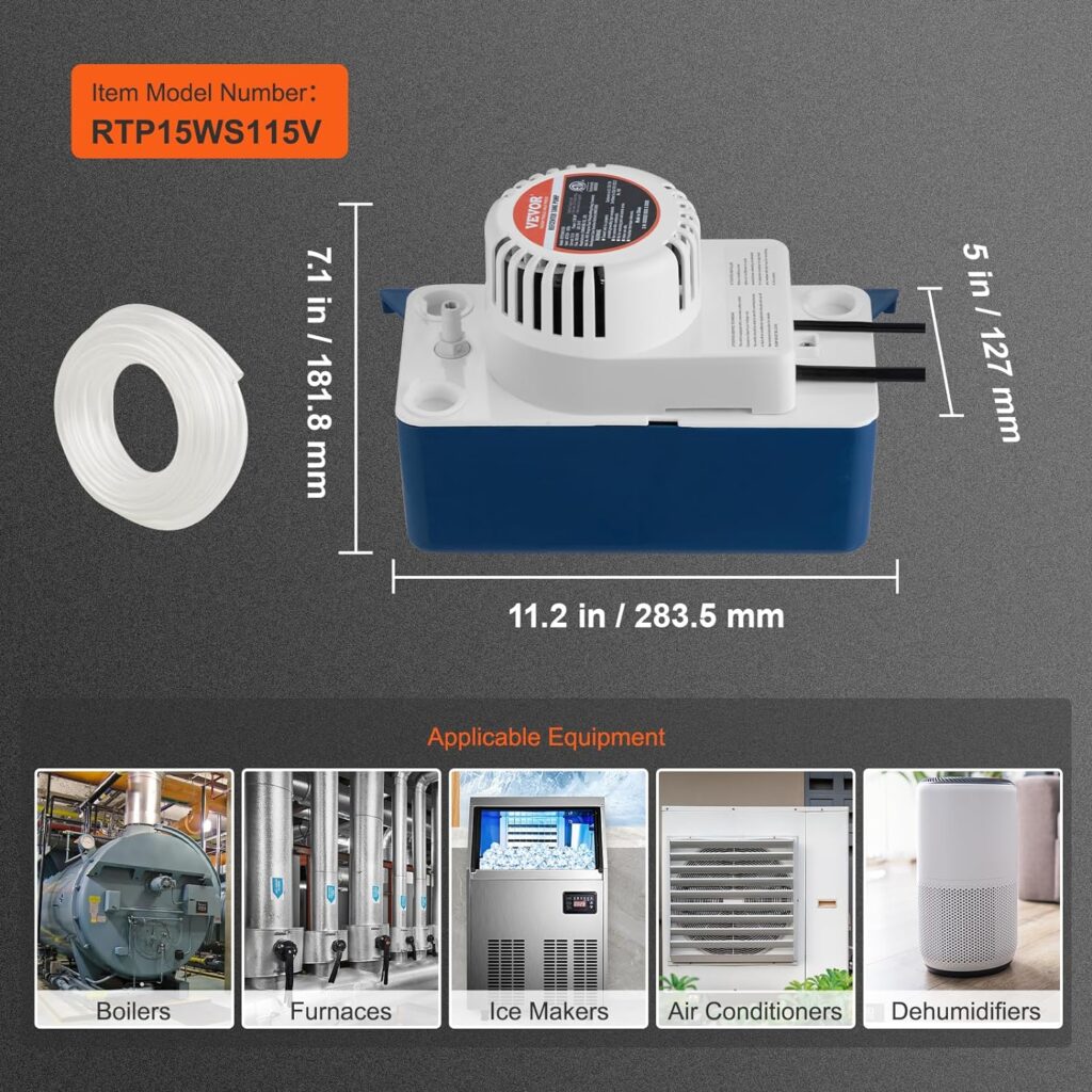 VEVOR Condensate Removal Pump, 1/50 HP, 65 GPH, 15 ft Lift, 115V Automatic AC Condensation Pump with Safety Switch  20 Tubing for Air Conditioner, Dehumidifier, HVAC, Furnace, Ice Maker Water Drain