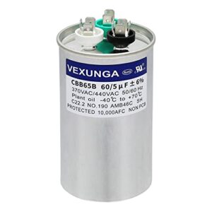 VEXUNGA 60/5 uF 60+5 MFD 370VAC or 440VAC Dual Run Start Round A/C Capacitor CBB65 CBB65B Air Conditioner Capacitors for AC Unit Fan Motor Start or Heat Pump or Condenser Straight Cool