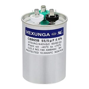 VEXUNGA 55/5 uF 55+5 MFD 370VAC or 440VAC Dual Run Start Round A/C Capacitor CBB65 CBB65B Air Conditioner Capacitors for AC Unit Fan Motor Start or Heat Pump or Condenser Straight Cool