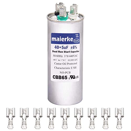 maierke 40+5 uF 40/5 MFD ±6% 370/440V AC CBB65B Capacitor 50/60hz Dual Run Round Starting Capacitors with 9 PCS 6.3mm Spade Terminal,for AC Motor, Condenser Direct Cooling, Heat Pump Air Conditioning