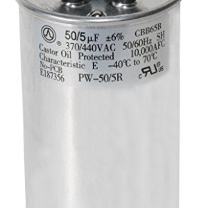 PowerWell 50 + 5 MFD uf PW-50/5/R 370 or 440 Volt Dual Run Round Capacitor for Condenser Straight Cool or Heat Pump Air Conditioner 50/5 Micro Farad - Guaranteed to Last 5 Years