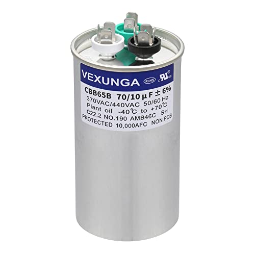 VEXUNGA 70/10 uF 70+10 MFD 370VAC or 440VAC Dual Run Start Round A/C Capacitor CBB65 CBB65B Air Conditioner Capacitors for AC Unit Fan Motor Start or Heat Pump or Condenser Straight Cool
