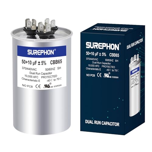 SUREPHON 50+10 uF 50/10 MFD 370V or 440 Volt Dual Run Capacitor CBB65 Air Conditioner Capacitors for AC Unit Fan Motor Start, Heat Pump, or Condenser Straight Cool