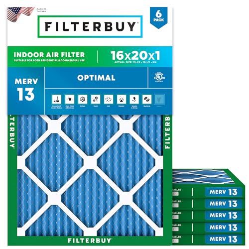 Filterbuy 16x20x1 Air Filter MERV 13 Optimal Defense (6-Pack), Pleated HVAC AC Furnace Air Filters Replacement (Actual Size: 15.50 x 19.50 x 0.75 Inches)
