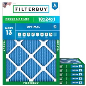 Filterbuy 18x24x1 Air Filter MERV 13 Optimal Defense (6-Pack), Pleated HVAC AC Furnace Air Filters Replacement (Actual Size: 17.38 x 23.38 x 0.75 Inches)