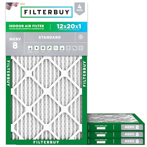 Filterbuy 12x20x1 Air Filter MERV 8 Dust Defense (4-Pack), Pleated HVAC AC Furnace Air Filters Replacement (Actual Size: 11.50 x 19.50 x 0.75 Inches)