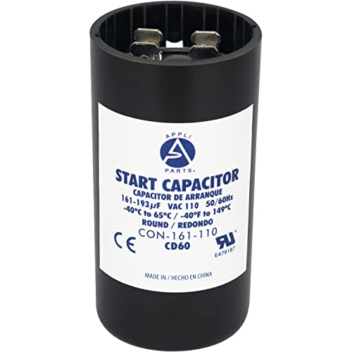 Appli Parts Motor Start Capacitor 161-193 Mfd (microfarads) uF 110-125 VAC Universal fit for Electric Motor Applications 1-7/16 in Diameter 2-3/4 in Height CON-161-110