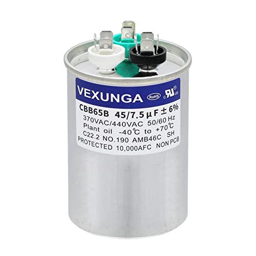 VEXUNGA 45/7.5 uF 45+7.5 MFD 370V or 440V Dual Run Start Round A/C Capacitor CBB65 CBB65B Air Conditioner Capacitors for AC Unit Fan Motor Start or Heat Pump or Condenser Straight Cool