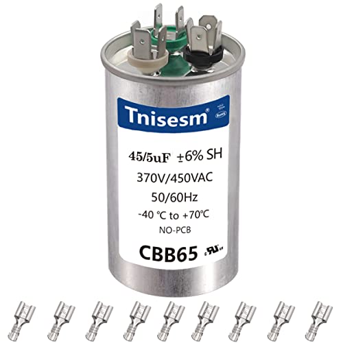 Tnisesm 45+5 uF 45/5 MFD ±6% 370V/440V AC CBB65B Capacitor Dual Run Circular Start Capacitor, 10PCS Spade Terminal, Capacitor for AC Motor Run or Fan Start or Condenser Straight