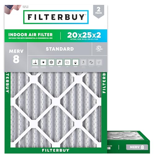 Filterbuy 20x25x2 Air Filter MERV 8 Dust Defense (2-Pack), Pleated HVAC AC Furnace Air Filters Replacement (Actual Size: 19.50 x 24.50 x 1.75 Inches)