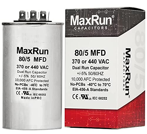 MAXRUN 80+5 MFD uf 370 or 440 Volt VAC Round Motor Dual Run Capacitor for AC Air Conditioner Condenser - 80/5 uf MFD 440V Straight Cool or Heat Pump - Will Run AC Motor and Fan - 1 Year Warranty