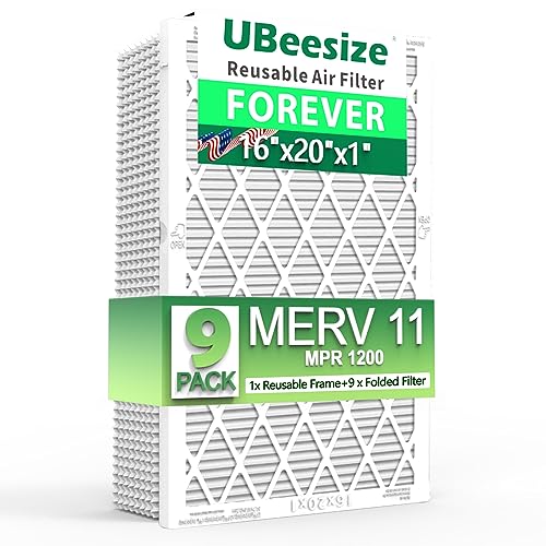 UBeesize Air Filter 16x20x1 (9-Pack), MERV 11 MPR 1200 AC/HVAC Furnace Filters,Deep Pleated Air Cleaner, (Actual Size 15.75" x 19.69" x 0.79"),1x Reusable ABS Frame+9 x Filter,Breathe Fresher