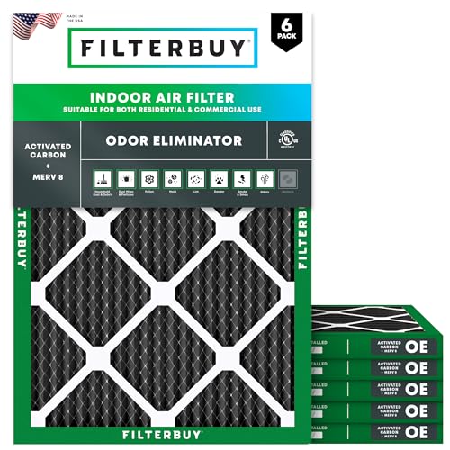 Filterbuy 18x24x1 Air Filter MERV 8 Odor Eliminator (6-Pack), Pleated HVAC AC Furnace Air Filters Replacement with Activated Carbon (Actual Size: 17.38 x 23.38 x 0.75 Inches)