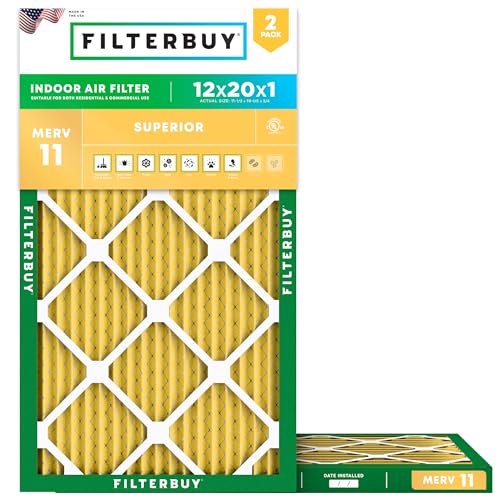 Filterbuy 12x20x1 Air Filter MERV 11 Allergen Defense (2-Pack), Pleated HVAC AC Furnace Air Filters Replacement (Actual Size: 11.50 x 19.50 x 0.75 Inches)