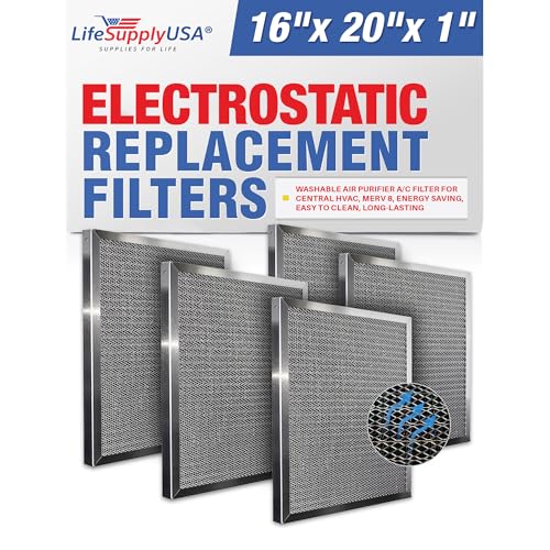 LifeSupplyUSA (16x20x1) Aluminum Electrostatic Air Filter Replacement Washable Air Purifier A/C Filter for Central HVAC, MERV 8, Energy Saving, Easy to Clean, Long-Lasting (5-Pack)