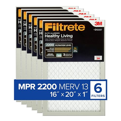 Filtrete 16x20x1 AC Furnace Air Filter, MERV 13, MPR 2200, Elite Allergen, Bacteria & Virus Filter, 3-Month Pleated 1-Inch Electrostatic Air Cleaning Filter, 6-Pack (Actual Size 15.69x19.69x0.78 in)