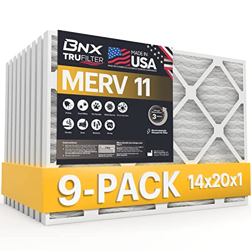 BNX 14x20x1 MERV 11 Air Filter 9 Pack - MADE IN USA - Electrostatic Pleated Air Conditioner HVAC AC Furnace Filters - Removes Dust, Mold, Pollen, Lint, Pet Dander, Smoke, Smog