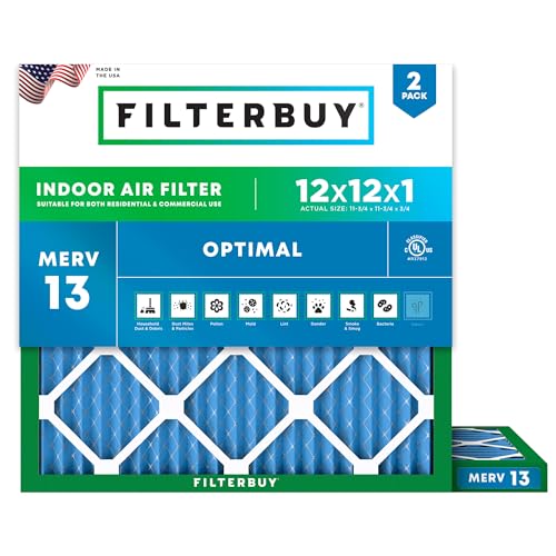 Filterbuy 12x12x1 Air Filter MERV 13 Optimal Defense (2-Pack), Pleated HVAC AC Furnace Air Filters Replacement (Actual Size: 11.75 x 11.75 x 0.75 Inches)