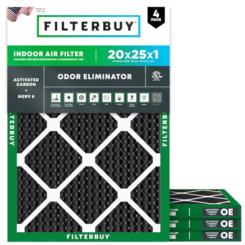 Filterbuy 20x25x1 Air Filter MERV 8 Odor Eliminator (4-Pack), Pleated HVAC AC Furnace Air Filters Replacement with Activated Carbon (Actual Size: 19.50 x 24.50 x 0.75 Inches)