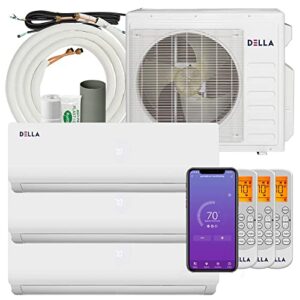 Della 27K BTU ODU Tri 3 Zone 9K 12K 12K BTU 19 SEER2 208-230V Cools Up to 1500 Sq.Ft, Works with Alexa, Wifi Energy Efficient Multi Zone Mini Split Air Conditioner Pre-Charged Heat Pump Full Set
