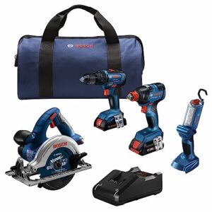 BOSCH GXL18V-497B23 18V 4-Tool Combo Kit with 2-In-1 1/4 In. and 1/2 In. Bit/Socket Impact Driver, 1/2 In. Hammer Drill/Driver, Circular Saw, Worklight with (1) CORE18V 4 Ah Battery & (1) 2 Ah Battery