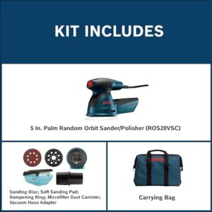 BOSCH ROS20VSC Palm Sander 2.5 Amp 5 Inch Corded Variable Speed Random Orbital Sander, Polisher Kit with Dust Collector and Soft Carrying Bag