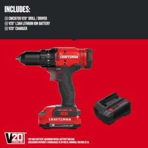 CRAFTSMAN V20 Cordless Drill/Driver Kit, 1/2 inch, Battery and Charger Included (CMCD700C1)