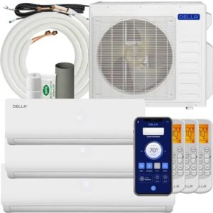 Della ODU Tri 3 Zone Mini Split AC, 27K BTU (9K 9K 18K BTU) 19 SEER2 208-230V, Energy Efficient Cools Up to 1800 Sq.Ft, Works with Alexa and Wifi, Multi Zone Pre-Charged Heat Pump Full Set