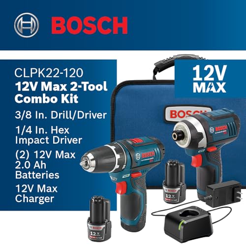 Bosch 12V Max Cordless Combo Kit: Drill/Driver & Impact, Batteries & Case 1 BOSCH CLPK22-120 12V Max Cordless 2-Tool Combo Kit with 3/8 In. Drill/Driver, 1/4 In. Impact Driver, (2) 2 Ah Batteries, Charger and Case