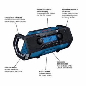 BOSCH GPB18V-2CN 18V Compact, Portable Jobsite Radio with Bluetooth 5.0, 100 Ft. Range, 120V AC/DC Power Adapter Included