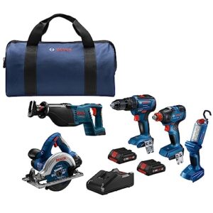 BOSCH GXL18V-501B25 18V 5-Tool Combo Kit with 2-In-1 Bit/Socket Impact Driver/Wrench, 1/2 In. Hammer Drill/Driver, Reciprocating Saw, Circular Saw, LED Worklight and (2) CORE18V 4 Ah Compact Batteries