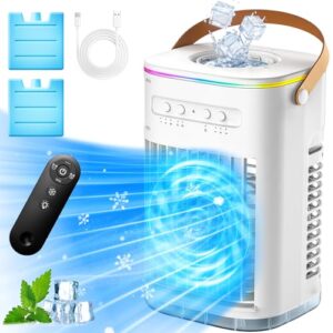 BALKO 4-IN-1 Personal Air Conditioner w/Remote, 2 Ice Packs, 1200ML Tank, 7H Timer for Smart Auto-Off,2 Cool Mist,3-Speed Small Portable Air Conditioner, 7-LED Light Evaporative Air Cooler for Room