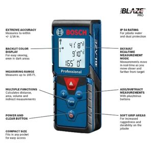 BOSCH GLM165-40 Blaze 165 Ft Laser Distance Measure, Includes 2 AAA Batteries, Hand Strap, Target Cards, & Pouch