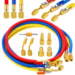 Innconee 10 Pcs 5FT AC Manifold Gauge Hose with R410A Mini Split Adapter Tank Adapter Refrigerant Charging Hose for R134A R410A R404A R12 R22 R502 R1234YF Refrigerants, R410A Fitting Adapter (Bright)