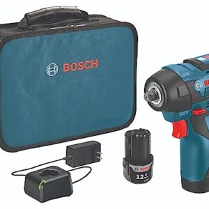 BOSCH PS82-02 12V Max EC Brushless 3/8 In. Impact Wrench Kit - Compact, Lightweight, 85 Ft.-Lbs. Max Torque, Two Speed Settings, LED Light Ring, Includes Batteries, Charger, Belt Clip, Carrying Bag