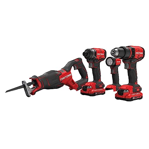 CRAFTSMAN 4-Tool Cordless Combo Kit V20 with 2 Batteries CMCK420D2 1 CRAFTSMAN V20 Power Tool Combo Kit, Cordless Power Tool Set, 4-Tool, 2 Batteries and Charger Included (CMCK420D2)