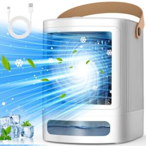 FANCOLE Mini Air Conditioner, 3-IN-1 Small Air Conditioner w/ 3-Level Humidify & 3 Speeds, 7-Color Night Lights, Top Fill Tank for 8H Cooling, Desk Portable Air Conditioners for Bedroom Room Office