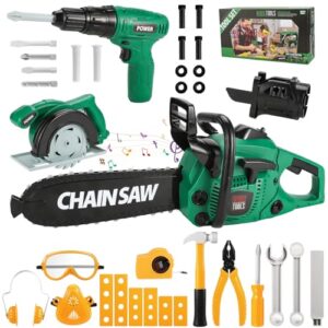 Mathea Kids Tool Set with Electronic Chainsaw Toys & Kid Drill, Realistic Pretend Play Toddler Tool Toys, Construction Drill Toys, for Kids Toddler and Boys Age 3 4 5 6 7 8 Years Old Visit The Math