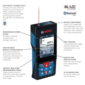 BOSCH GLM400CL 400 Ft Blaze Outdoor Connected Laser Measure, Includes 1.0 Ah 3.7V Lithium-Ion Battery & Charger, Micro USB Cable, Hand Strap, & Pouch